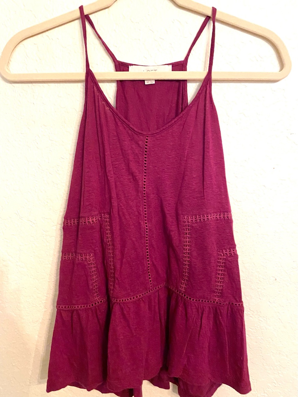 Magenta Loft Linen Blend Petite M Camisole Unique Embroidery Stitching & Ruffle